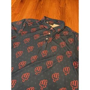 Yatta Mens Golf Polo Navy Pink Cactus Print Short Sleeve Shirt Desert Heat Large